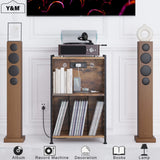 Y&M Record Player Stand, Vinyl Turntable Stand with Charging Station and USB Port, Record Display Table with Storage Cabinet, Turntable Holder, End Table, Nightstand for Bedroom, Living Room, Brown Y&M