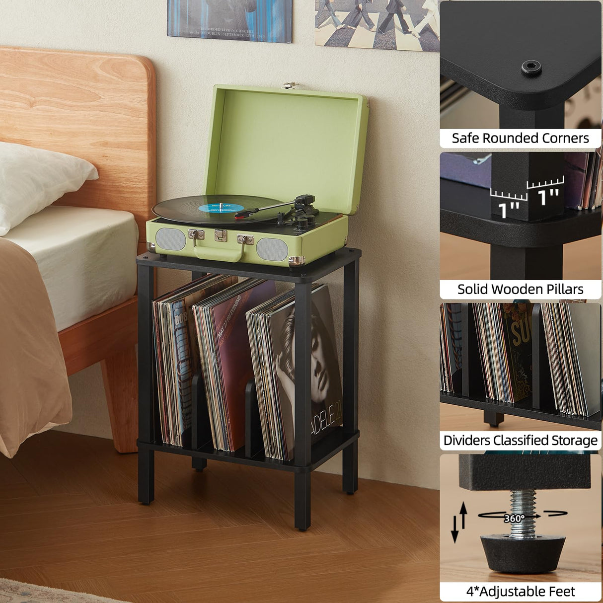 LELELINKY 2-Tier Record Player Stand with Vinyl Record Storage up to 100 Albums, Bedroom Record Holder and Multi-Functional End Table for Living Room, Black LELELINKY