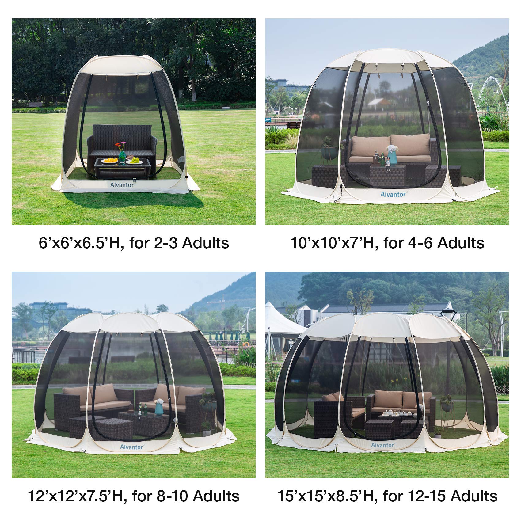 Alvantor Screen House Room Camping Tent Outdoor Canopy Pop Up Sun Shade Hexagon Shelter Mesh Walls Not Waterproof 10'x10' Beige Patent Pending - WoodArtSupply