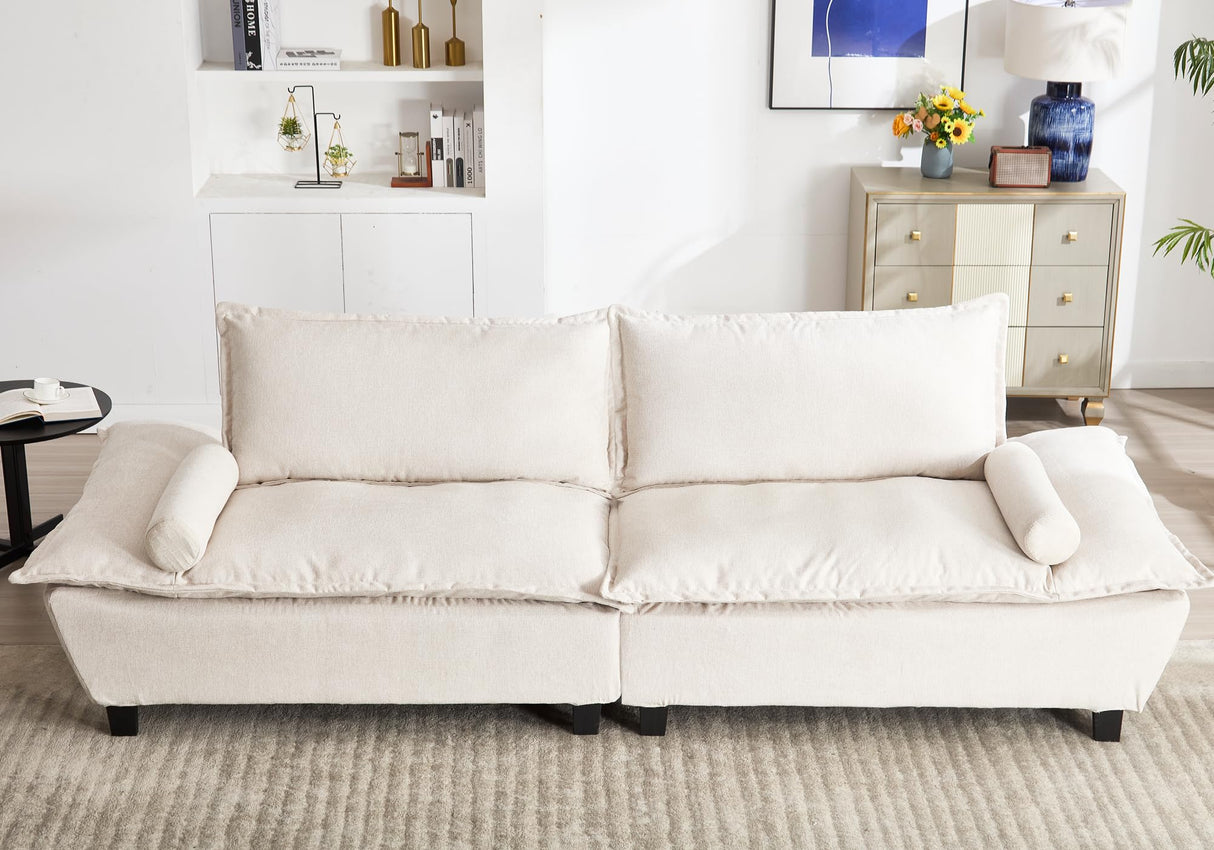 114” Modern Sailboat Loveseat Cloud Couch – Convertible Sofa Bed with Adjustable Depth, Deep Seats & Wide Armrests for Living Room, Apartment, or Small Spaces Beige smilesun