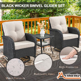Artfurniz Outdoor Swivel Glider Rocker Chairs - 3 Piece Patio Furniture Set, Patio Bistro Sets with Tempered Glass Side Table, for Balcony, Porch - Black Wicker, Beige Cushion Artfurniz