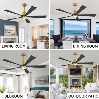 Solid Wood Ceiling Fans DC Motor with Light and Remote Control, 60 Inch Natural Wood Ceiling Fan 5 Blades Waterproof, 6-Speed Reversible Indoor Outdoor Ceiling Fans for Patio, Bedroom, Living Room