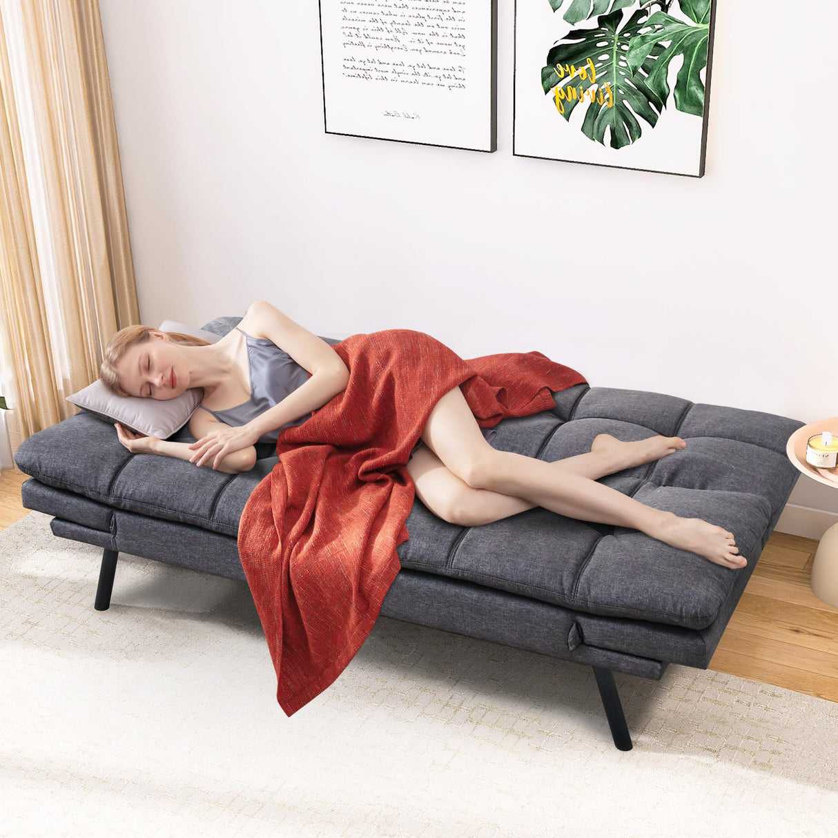 Hcore Convertible Futon Bed,Gray Memory Foam Loveseat Small Euro Lounger Sofa for Compact Living Spaces,Apartment,Dorm,Studio,Guest Room,Home Office/Cushion, Fabric, French Grey Hcore