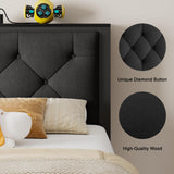 Einhomn Twin Bed Frame with Storage Drawer, Metal Platform Bed with Charging Station, Upholstered Button Tufted Storage Headboard, No Box Spring Needed, Noise-Free, Easy Assembly, Black Einhomn