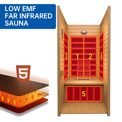 RESTISLAND Infrared Sauna Room for Home, Near Zero EMF Wooden 1 Person Indoor Home Sauna with Bluetooth, LCD Control Panel, Chromo Therapy Light