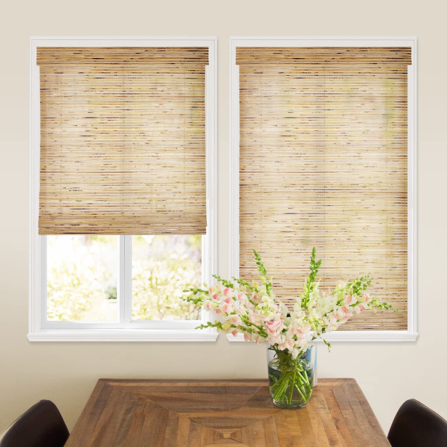 FACIMI Cordless Blackout Bamboo Window Shades, Light Filtering Roman Blinds with 6" H Valance, with Room Darkening Liner Bamboo Shades for Windows, Sliding Doors, Amber