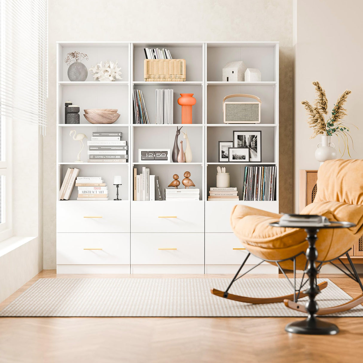 Cozy Castle 74.1'' Bookshelf,Tall Bookcase with Drawers, 4-Tier Open Bookshelf with Adjustable Storage Shelves,23.6 Inches Wide Floor Standing Bookcase for Home Office,Bedroom,Living Room,White Cozy Castle