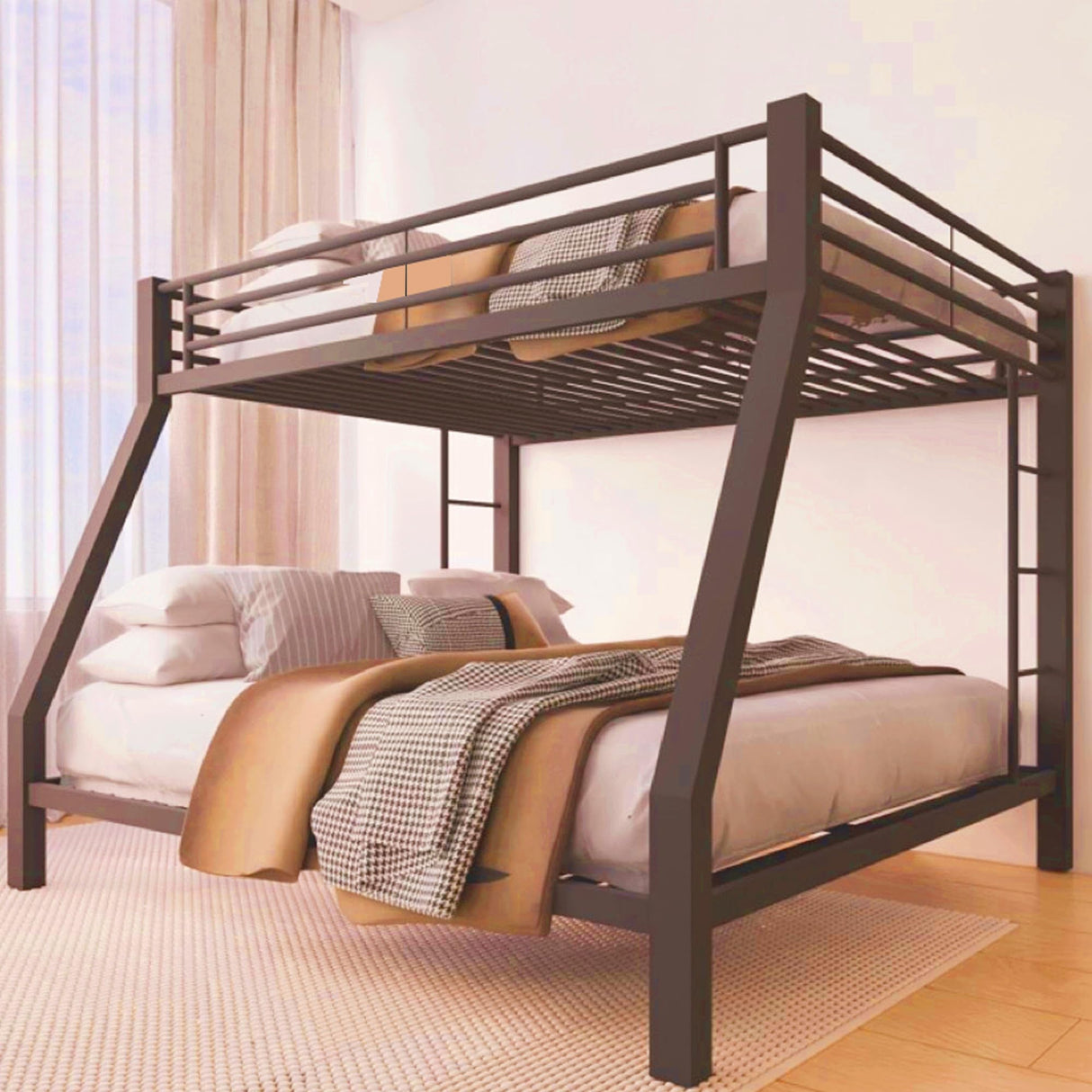 FUSVZ Metal Full XL Over Queen Bunk Beds for Adults and Teens, Modern Style Metal Bunk Bed Full XL Over Queen Size, Heavy-Duty Bunk Beds Frame with 2 Ladders for Kids Boys Girls Teens Adults (Black) FUSVZ