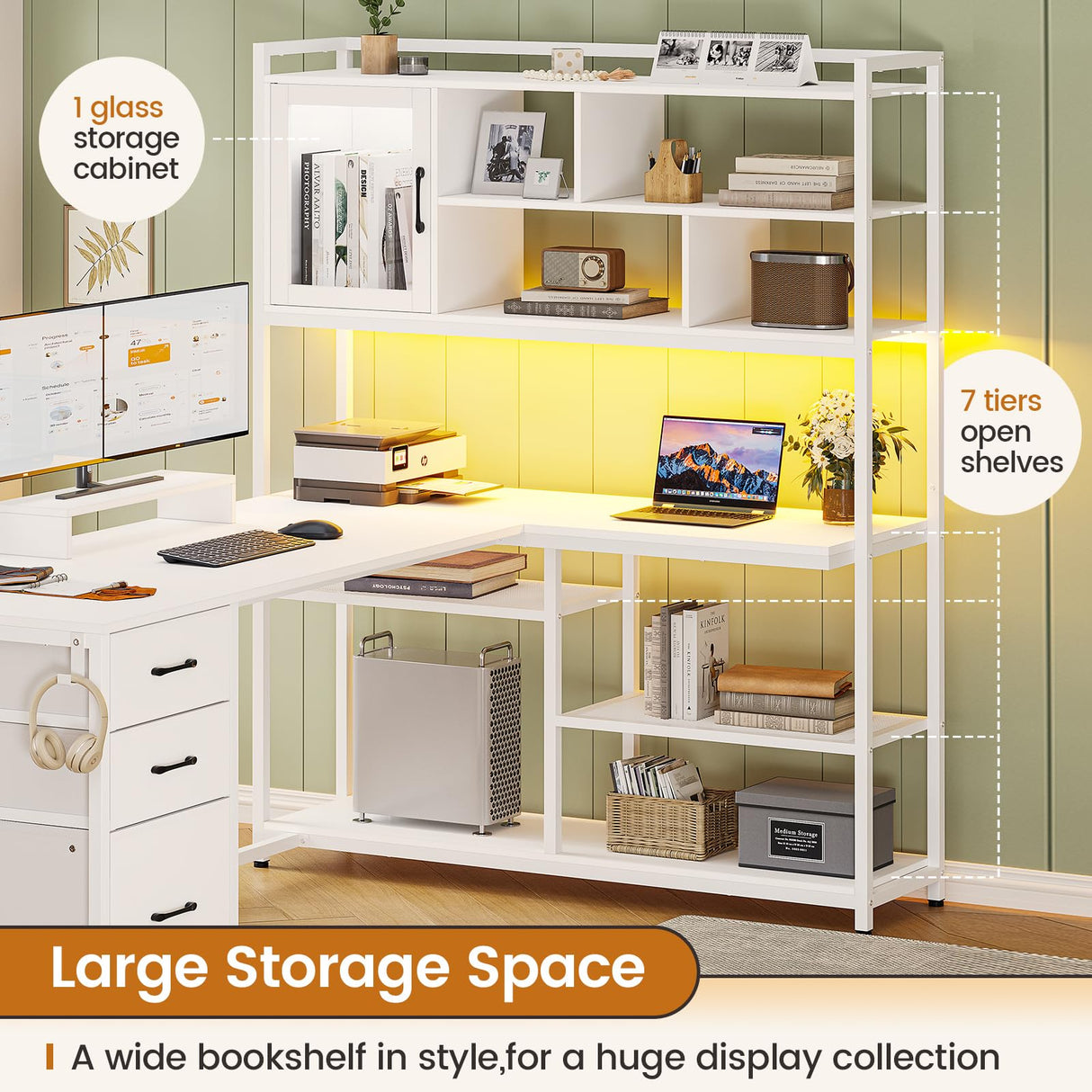 SEDETA 58'' L Shaped Computer Desk with 3 Drawers, Bookshelf, and LED Light for Home Office and Gaming SEDETA