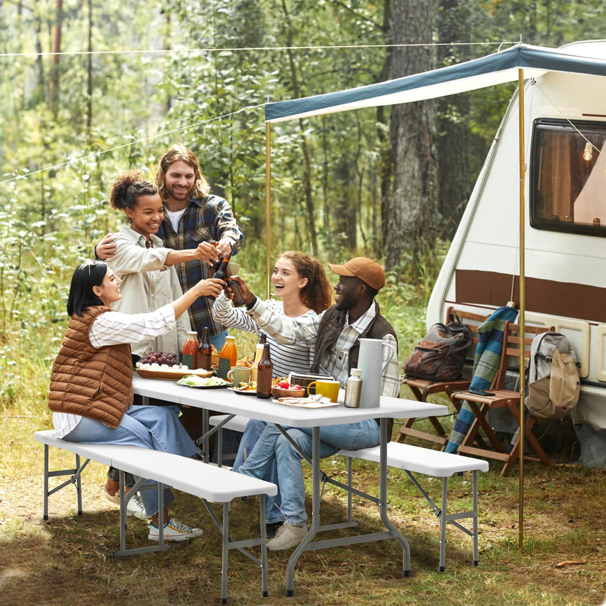 VINGLI Picnic Table Set with 2 Benches, 6 Feet Camping Table Chair Set,3-Piece Folding Furniture for Indoor or Outdoor Use, Smooth Tabletop, White VINGLI