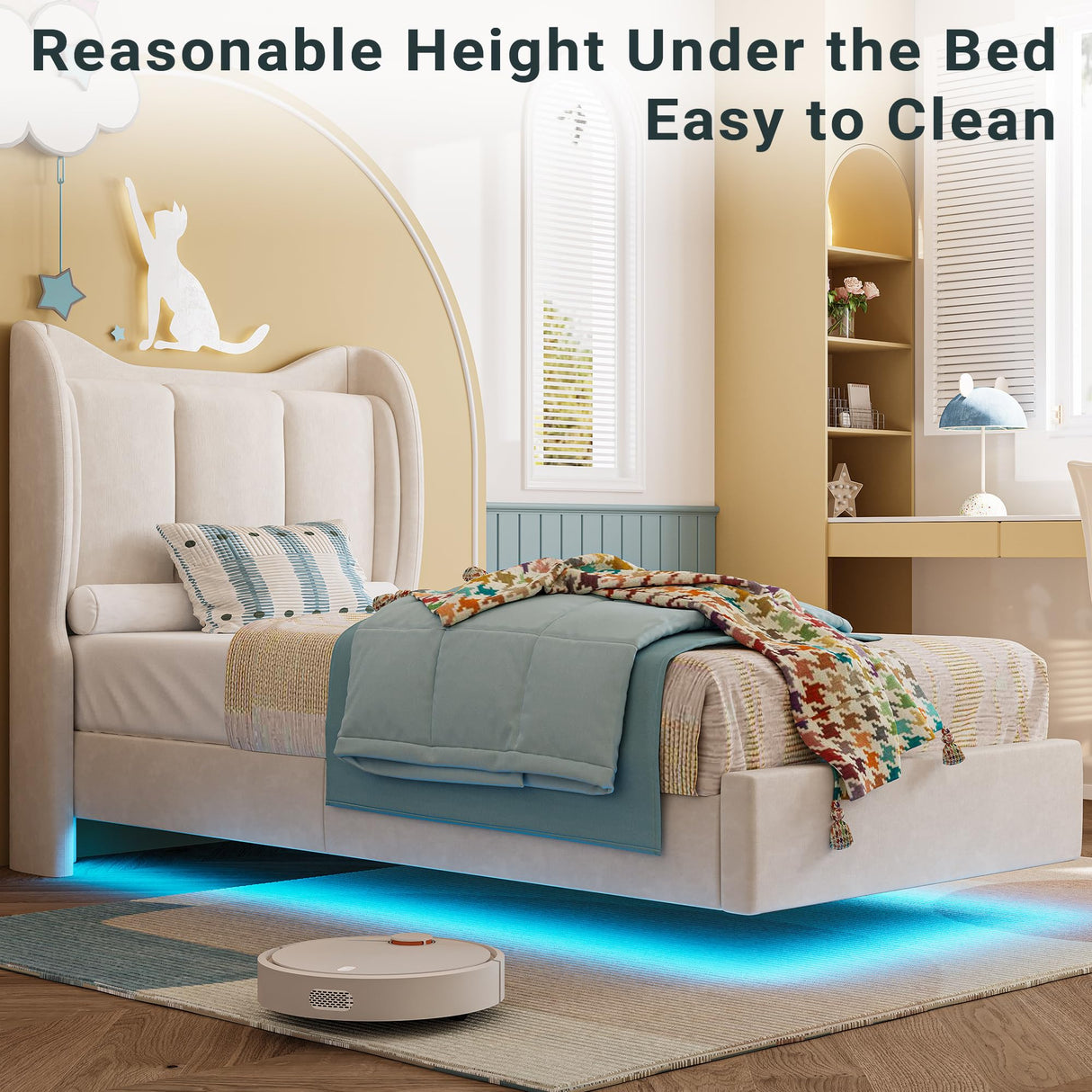 LIKIMIO Twin Bed Frame with Headboard, Velvet Upholstered Platform Bed with LED Light, Solid Wood Slats Support, No Box Spring Needed, Cream LIKIMIO