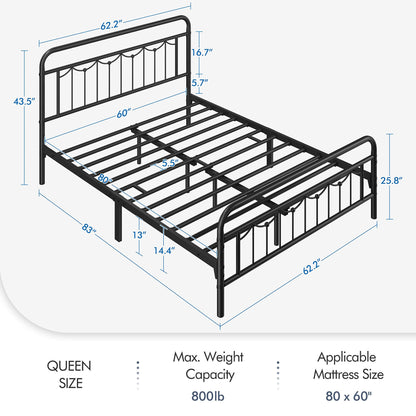 Yaheetech Vintage-Inspired Queen Size Metal Bed Frame with High Headboard and Ample Under-Bed Storage