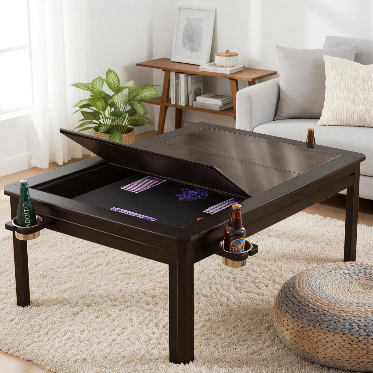 Casaphoria Solid Wood Board Game Coffee Table with Removable Top, Space-Saving 3-in-1 Convertible for Gaming, Dining & Living Room Includes Play Mat & Cup Holders (48” x 33”, Black Walnut) Casaphoria