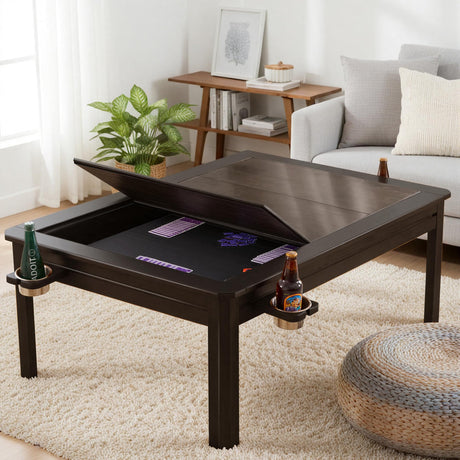 Casaphoria Solid Wood Board Game Coffee Table with Removable Top, Space-Saving 3-in-1 Convertible for Gaming, Dining & Living Room Includes Play Mat & Cup Holders (48” x 33”, Black Walnut) Casaphoria