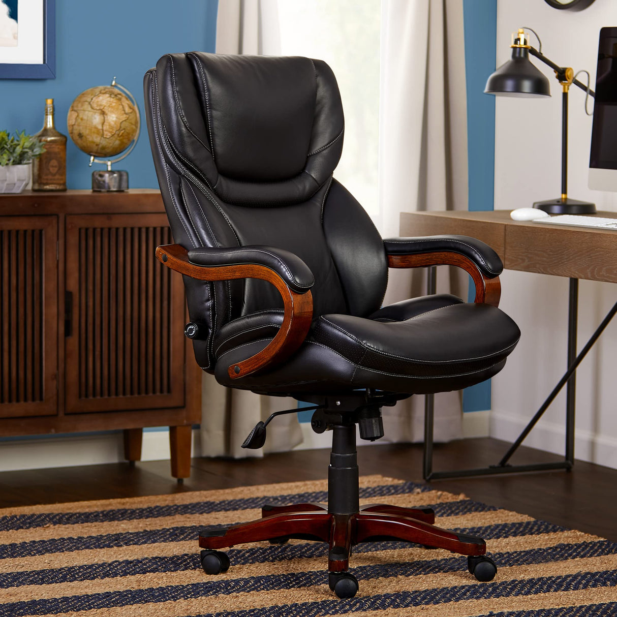 Serta Conway Big and Tall Executive Office Wood Accents, Adjustable High Back Ergonomic Computer Chair with Lumbar Support, Bonded Leather, 30.5D x 27.25W x 47H in, Black Serta