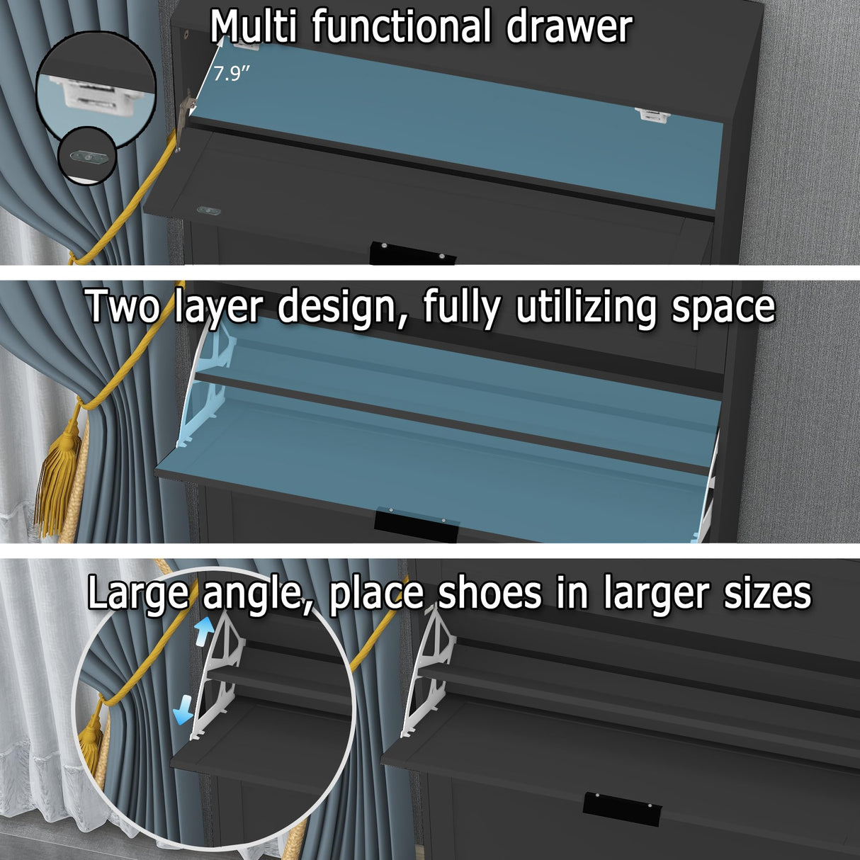 TaoHFE Modern Shoe Cabinet for Entryway - Black Wooden Hidden Shoe Cabinet - Narrow Free Standing 3 Tier Rack TaoHFE
