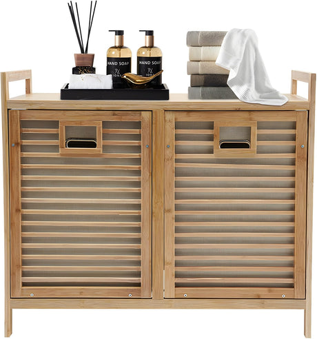 Double Tilt Out Laundry Hamper with 2 Removable Liner Bags,Bamboo Laundry Cabinet,Laundry Basket Organizer,Laundry Hamper Cabinet for Clothes Towels Toys(31.8 * 11.8 * 28.3in) Tianxrxy