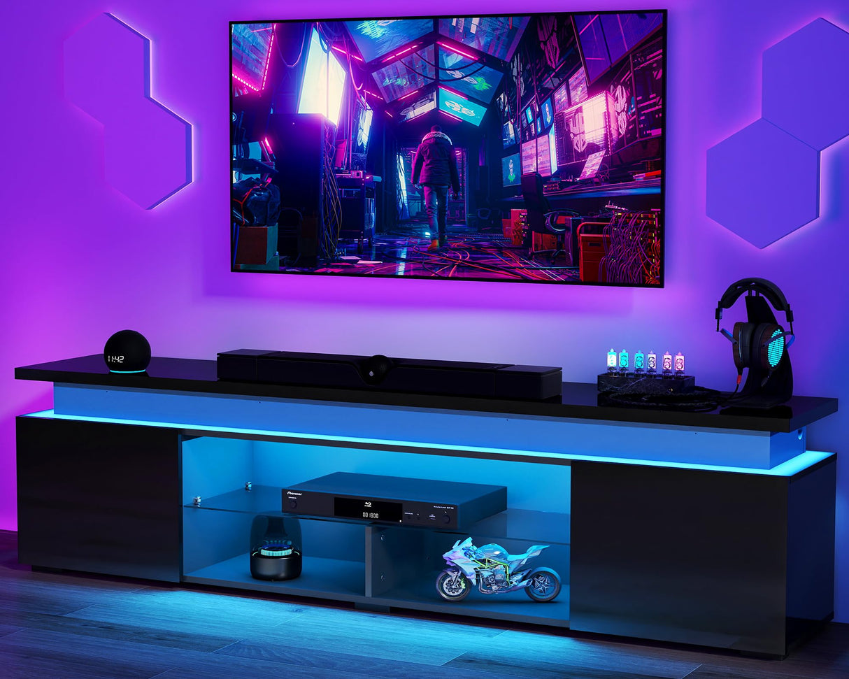 Lamtor TV-Stand with Power Outlet - TV Stand for up to 85 inch Televisions- Entertainment Center with Dynamic LED Lights & High Gloss, Modern TV Console with Storage Cabinets for Living Room, Black Lamtor