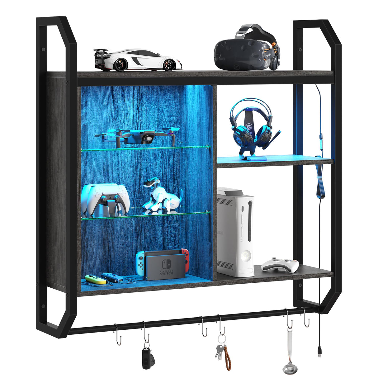 Bestier 34" LED Floating Shelves with Adjustable Glass Display, Industrial Pipe Design for Gaming & Home Decor Bestier