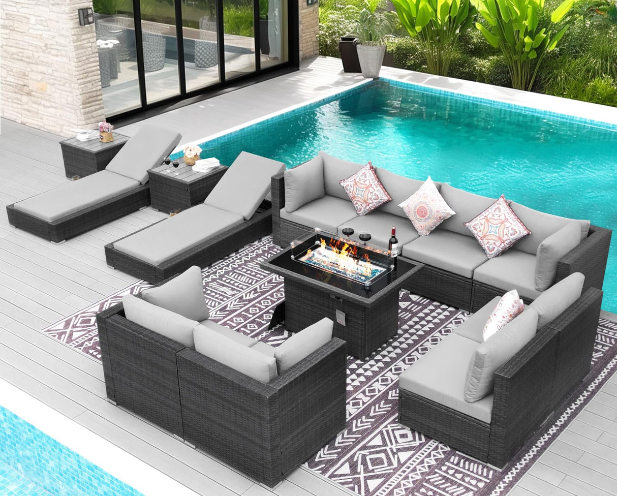 NICESOUL 13 Piece Outdoor Seating with Fire Pit Table, High-End Wicker Patio Furniture Set with Chaise Lounge, Comfy 29.3'' High Back Deep Sectional Sofa, All-Weather Backyard Sitting Area, Light Grey NICESOUL