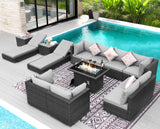 NICESOUL 13 Piece Outdoor Seating with Fire Pit Table, High-End Wicker Patio Furniture Set with Chaise Lounge, Comfy 29.3'' High Back Deep Sectional Sofa, All-Weather Backyard Sitting Area, Light Grey NICESOUL