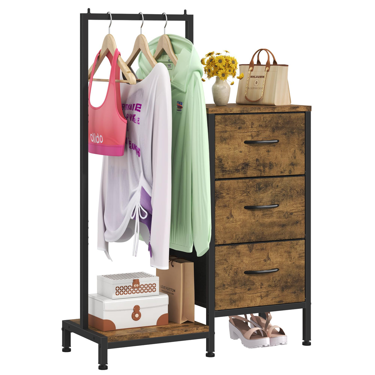 AFLUI Dresser for Bedroom with Hanging Rack, 3 Drawers Dresser for Bedroom - Rustic Brown AFLUI