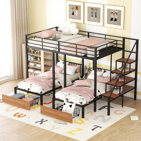 Bellemave Full Over Twin-Twin Triple bunk Bed with Drawers and Staircase Detachable Bunk Bed Can be Divided Into Three Beds, Triple bunk beds for Kids, Teens, Adult.（Black） Bellemave