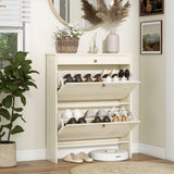 FTZxHKLX Shoe Cabinet with 2 Flip-Up Doors & Drawer, Slim Shoe Cabinet with Adjustable Shelves & Elevated Design, Freestanding Narrow Shoe Storage Organizer for Entryway, Hallway, Foyer, Light Oak FTZxHKLX