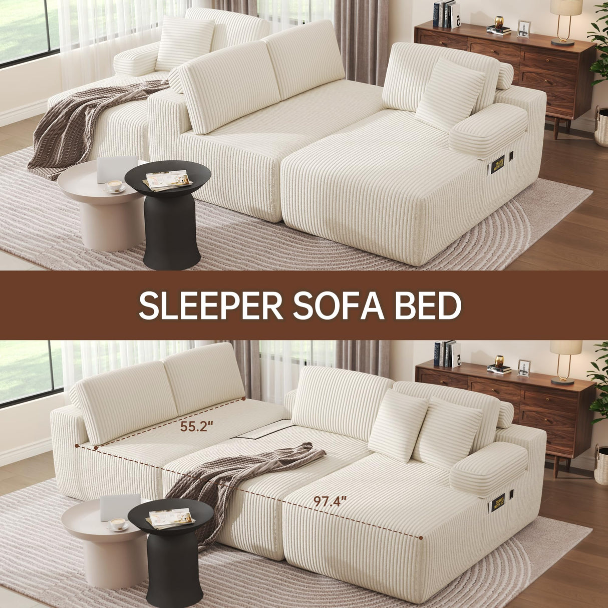 DURASPACE Cloud Sectional Couches, 126.2'' Modular U-Shaped Sofa with Deep Seat, Corduroy Boneless Sleeper Sofa Bed with Memory Foam for Living Room, No Assembly Required (Beige) DURASPACE