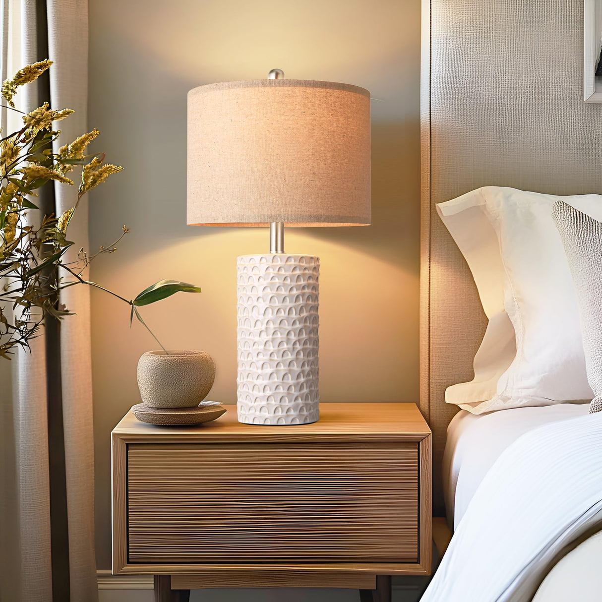 PARTPHONER 23" Modern Ceramic Table Lamp Set of 2, Table Lamps for Living Room, Rustic Farmhouse Bedside Lamps Nightstand lamp for Bedroom, White Desk Lamp for End Table Home Decor Beige PARTPHONER