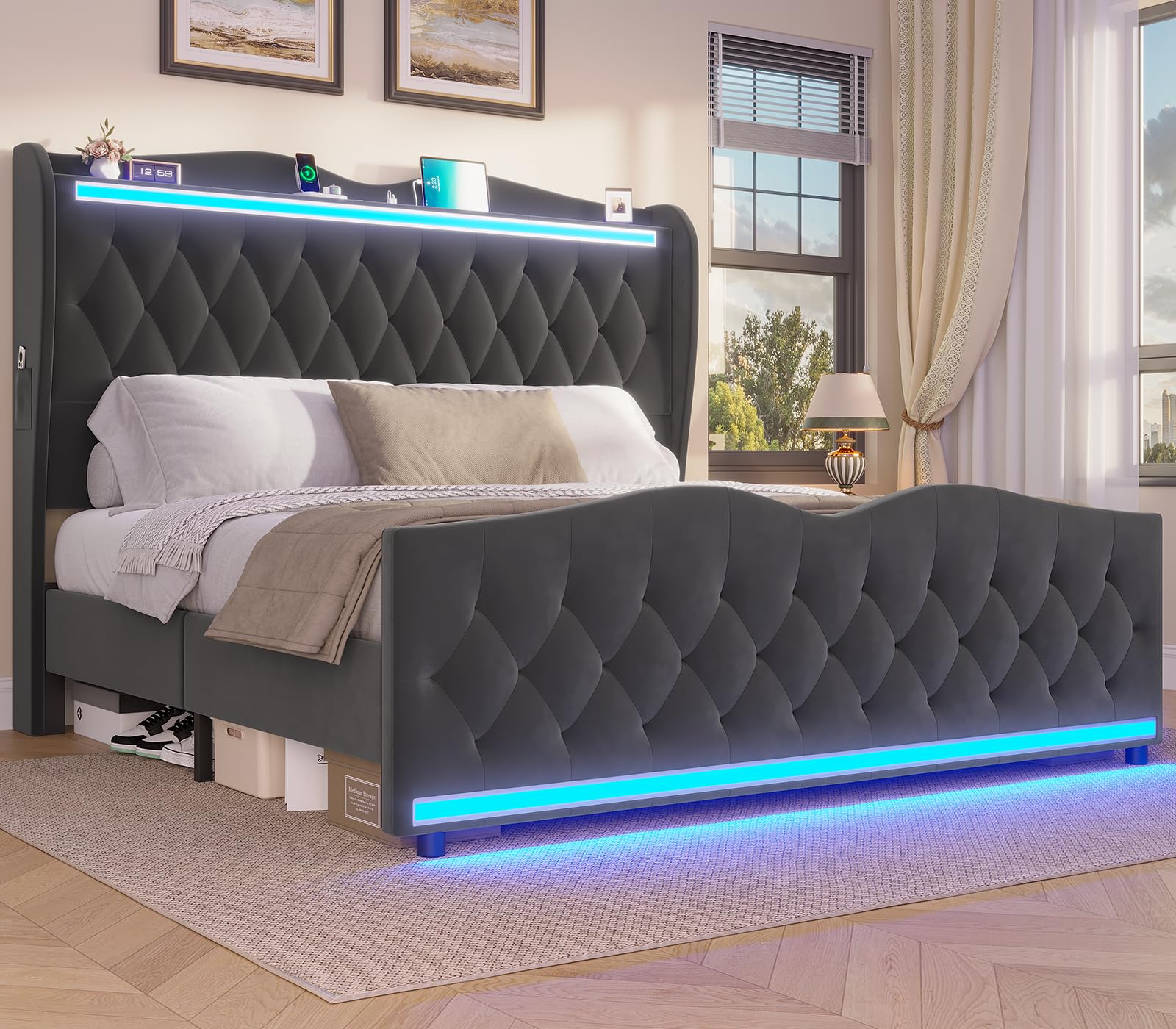 ADORNEVE Velvet King Bed Frame with LED Lighting, Storage Headboard & Charging Station - Dark Grey Wingback Design - WoodArtSupply