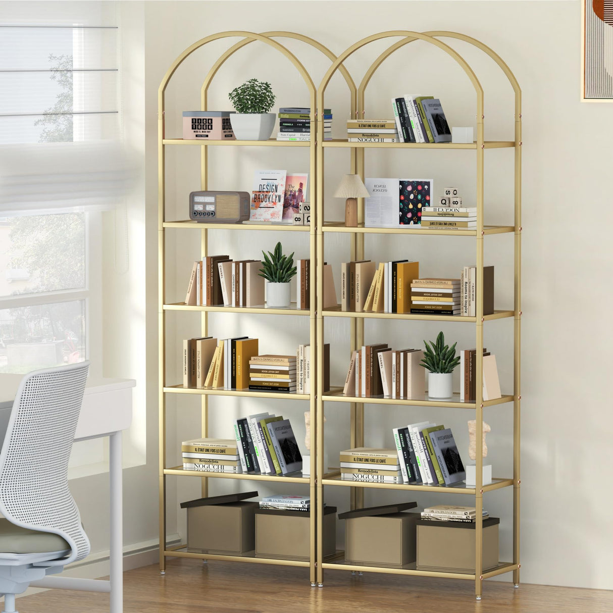 Homhedy 6-Tier Bookshelf Arched Display Racks, Metal Bookcase, Tempered Glass Shelves, Storage Rack Shelf for Home Office, Living Room, Bedroom, Bathroom, Modern Style, Golden Homhedy