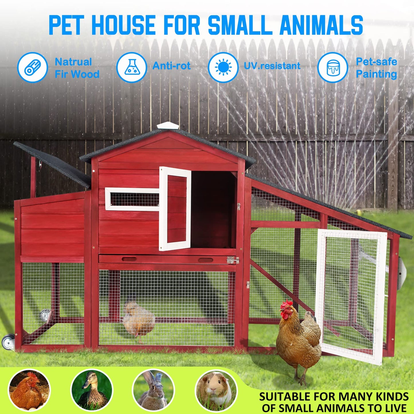 PetsCosset Chicken Coop Wooden Backyard Hen House - Indoor Outdoor for 2-3 Chickens, 2 Story Poultry Cage with Run, Chicken Nesting Box, Pull Out Trays and Anti-Slip Asphalt Ramp - WoodArtSupply