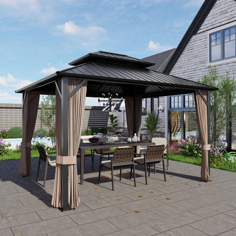 SOLUMIA 10’x12’ Hardtop Gazebo, Galvanized Steel Double Roof Canopy with Aluminum Frame, Outdoor Pavilion with Nettings and Curtains SOLUMIA
