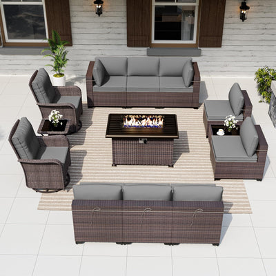 ALAULM 13 Pieces Patio Furniture Set with 2 Swivel Chairs Patio Furniture Outdoor Sectional Sofas with 55000 Gas Fire Pit Patio Conversation Set w/10 Cushions-Grey