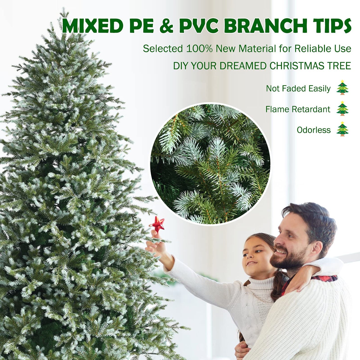 Goplus 8ft Artificial Christmas Tree, Feel Real Unlit Hinged Xmas Spruce Tree w/ 1658 Mixed PE & PVC Branch Tips, Metal Stand, Wintry Indoor Decoration for Holiday Festival