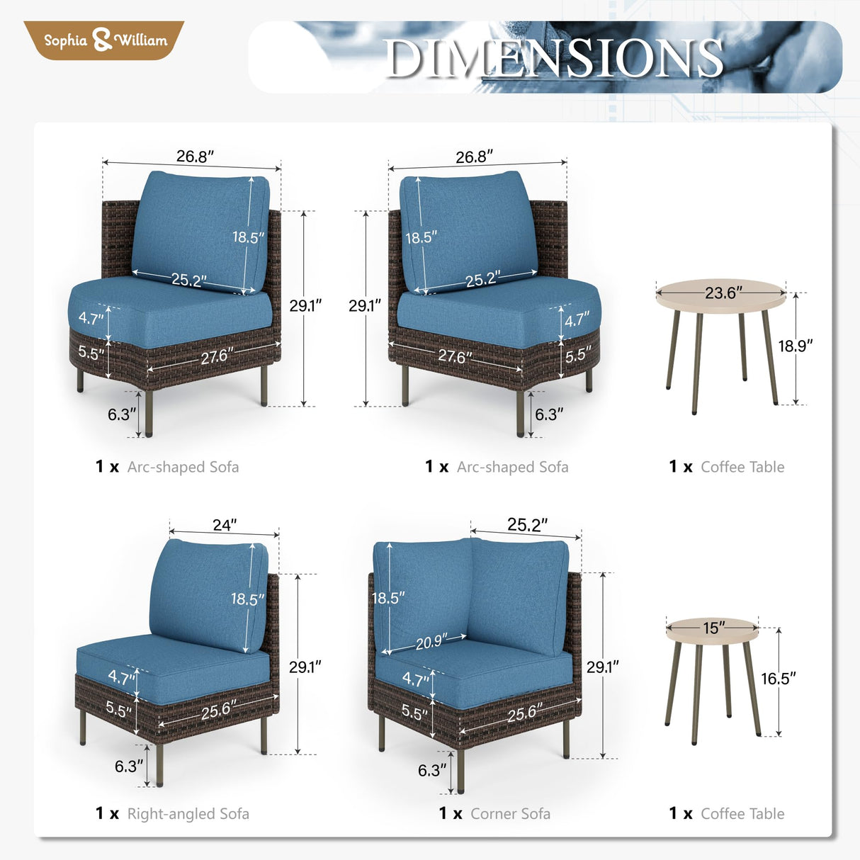 Sophia & William Wicker Patio Furniture Set, Curved Outdoor Sofa 4 Seats Conversation Set with Coffee Table, L-Shaped Outdoor Sectional for Backyard, Porch, Blue Sophia & William