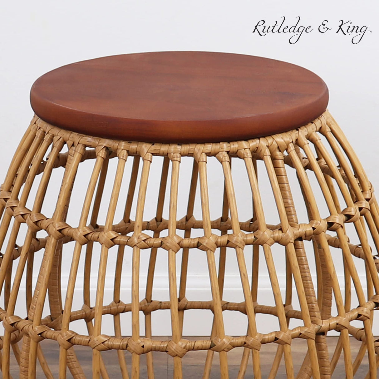 Rutledge & King Rattan Wood Top Table - Enderly Side Tables - End Tables Living Room and Bedroom - Boho Nightstand - Round End Table with Wood Top - Rattan Nightstand - Round Accent Table Rutledge & King