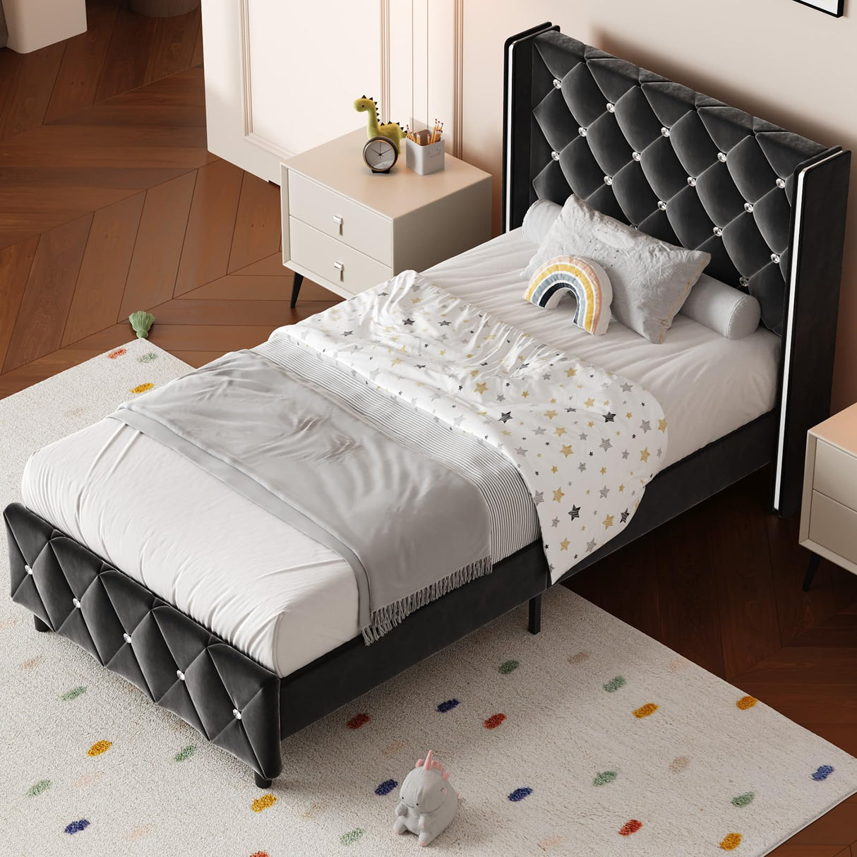 Twin Bed Frames, Upholstered Platform Bed Twin Size with Diamond Tufted Headboard, Modern Velvet Bed Frame with Wingback Design, No Box Spring Needed, Easy Assembly, Black HOMBCK