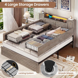 VIAGDO Farmhouse Full Size Bed Frame with Headboard and Double Barn Door Storage Cabinets, Rustic Wooden Bed Frame Full with Charging Station, 4 Drawers and LED Lights, No Box Spring Needed, Grey VIAGDO