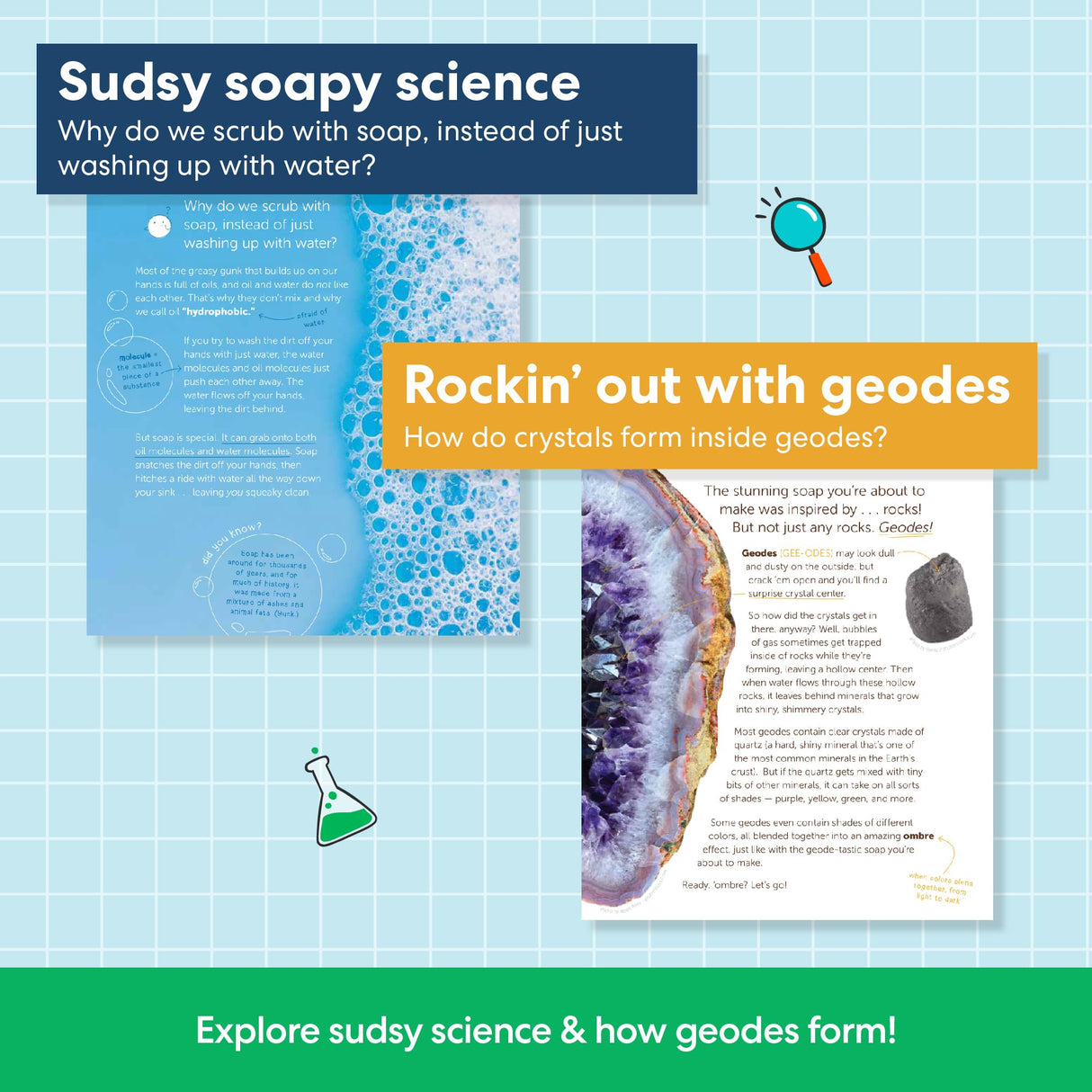 KiwiCo Crystal Geode Soapmaking Kit | Complete Set Includes Beaker, Clear Soap, Molds, Mixing Sticks, Mica Powder, Liquid Colors & More | DIY Soap Making Kit for Kids Ages 7+ KiwiCo