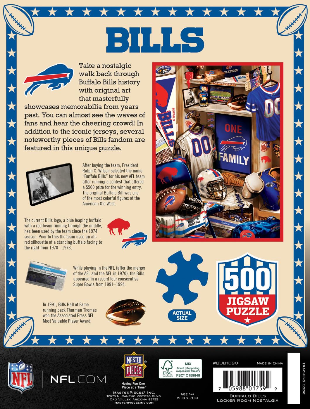 MasterPieces Game Day 500 Piece Jigsaw Puzzle for Adults - NFL Buffalo Bills Locker Room - 15"x21" Masterpieces