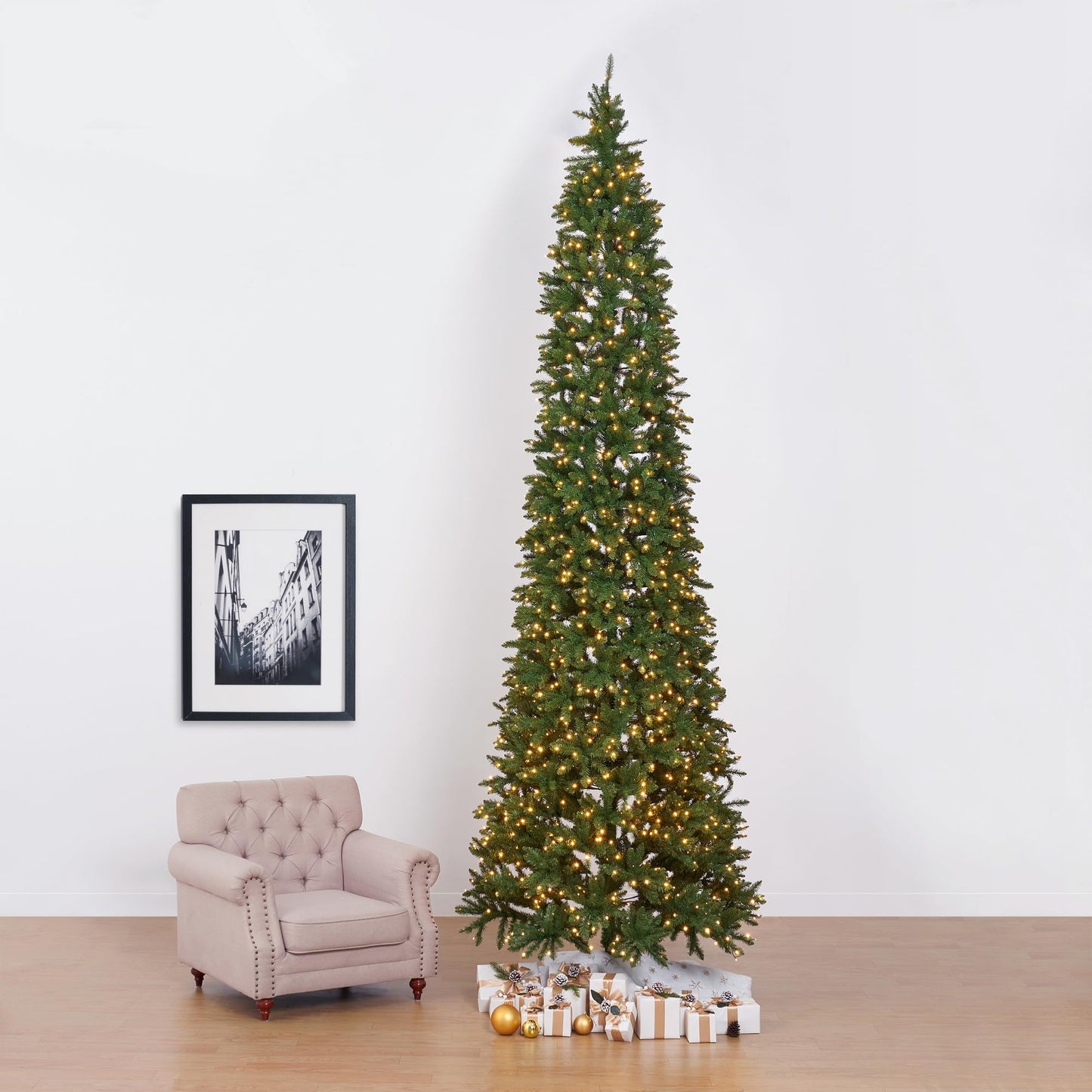 13ft. Artificial Slim Green Mountain Pine Christmas Tree with 1360 Warm White LED Lights and 3924 Bendable Branches