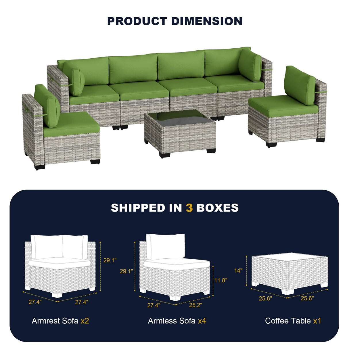 Muphyers 7-Piece Outdoor Patio Furniture Set, PE Wicker Rattan Sectional Sofa Conversation Set with Tempered Glass Table & Thick Cushions - All-Weather Garden, Backyard Furniture, Avocado Green Muphyers