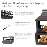Sunnydaze Backyard Blaze 35-Inch H Heavy-Duty Steel Outdoor Fireplace with Built-in Log Storage - Includes Protective Cover - Brushed Bronze Sunnydaze