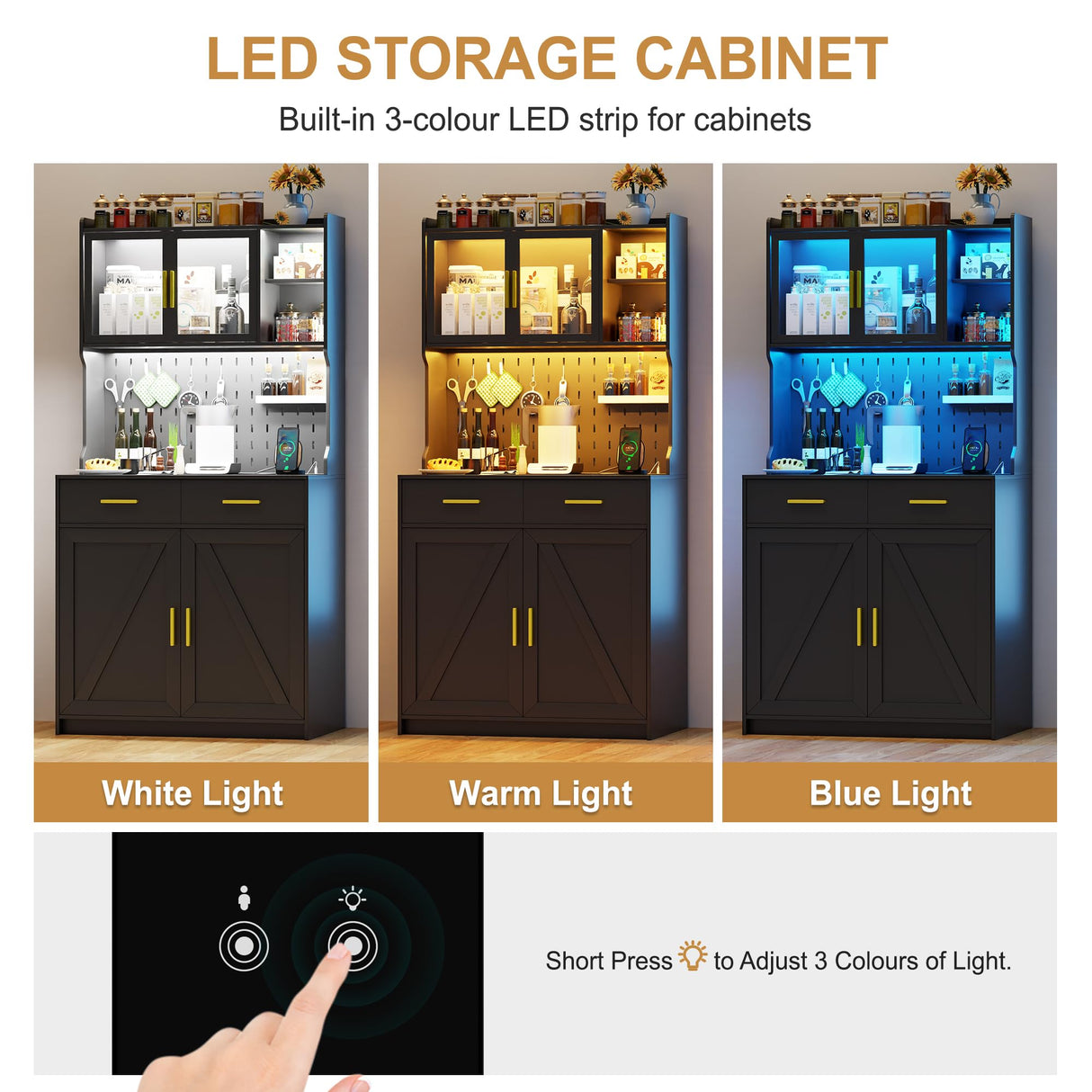 MDGC LED Kitchen Pantry Cabinet with Outlets, Farmhouse Storage Cabinet with Drawers & Adjustable Shelves, 64" Tall Cupboard with Pegboard & Hooks for Dining Room (Black) MDGC