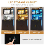 MDGC LED Kitchen Pantry Cabinet with Outlets, Farmhouse Storage Cabinet with Drawers & Adjustable Shelves, 64" Tall Cupboard with Pegboard & Hooks for Dining Room (Black) MDGC