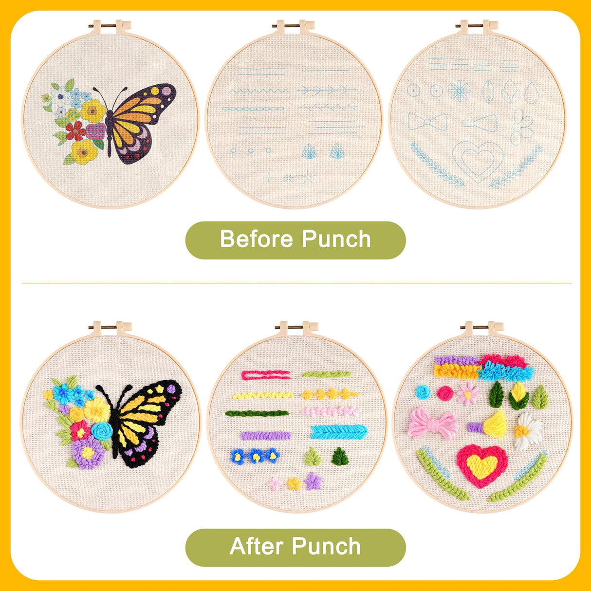 Pllieay 3 Sets Punch Needle Kits, Punch Needle Embroidery Kit for Beginners Including Embroidery Fabric with Pre-Printed Pattern, Hoop, Yarns and Tools Pllieay