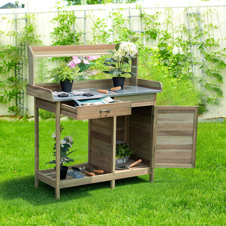 Giantex Potting Bench Table for Outside Natural Wood Garden Plant Lawn Patio Table Storage Shelf Metal Tabletop Outdoor Workstation Flower Pot Bench (Natural Fir w/Cabinet) Giantex