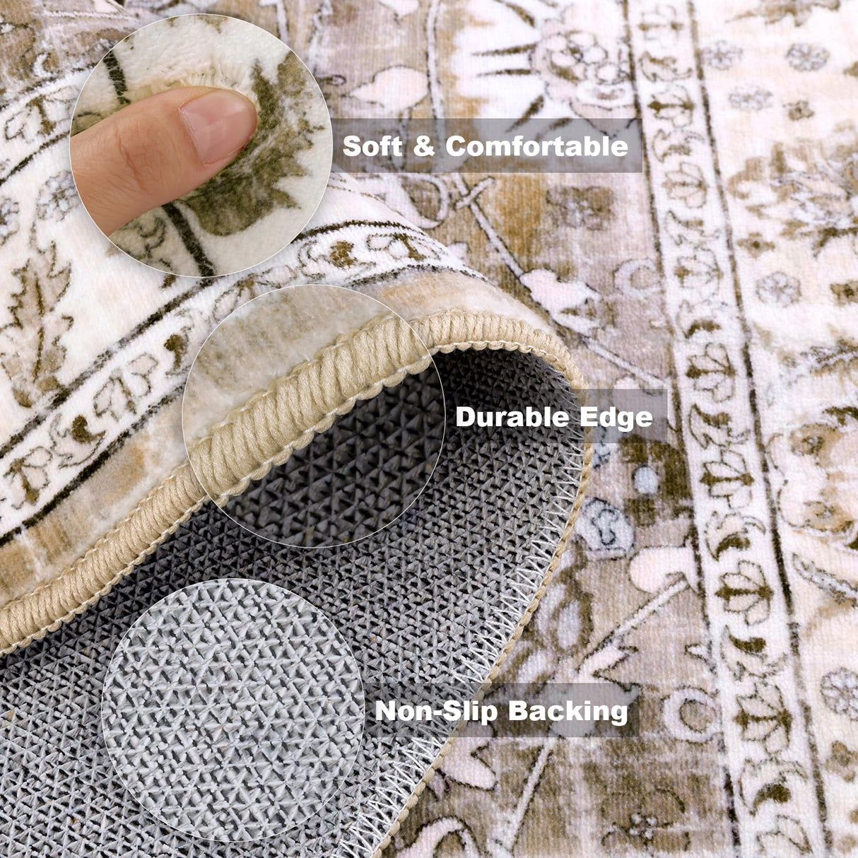 LOKHOM Washable Runner Rug, 2x8 Non-Slip Vintage Hallway Runner Rug with Rubber Backing, Boho Floral Soft Faux Wool Kitchen Runner Rug Carpet Runner for Kitchen Laundry Entryway Bedroom (Beige Brown) LOKHOM